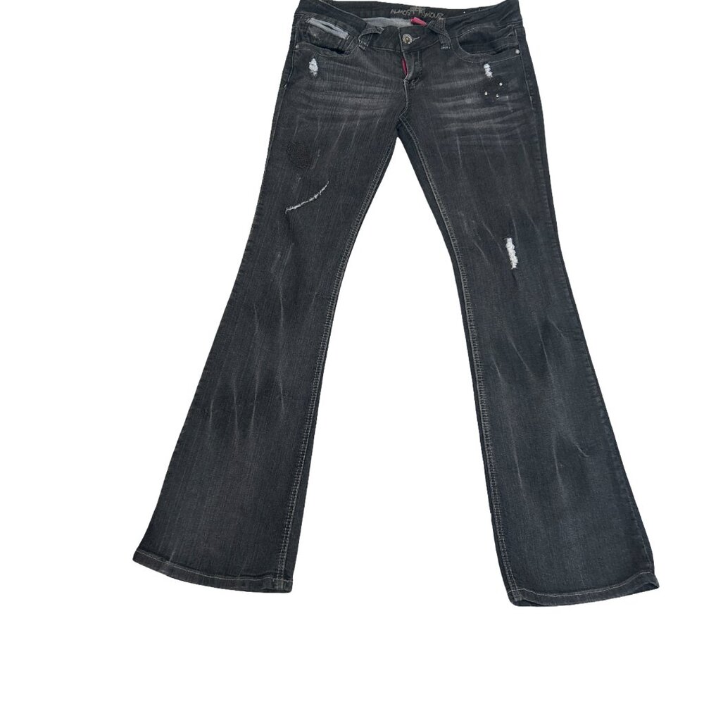 Almost Famous Y2K LOW RISE FLARE Jeans Size 11 Black Wash Distressed Rhinestone